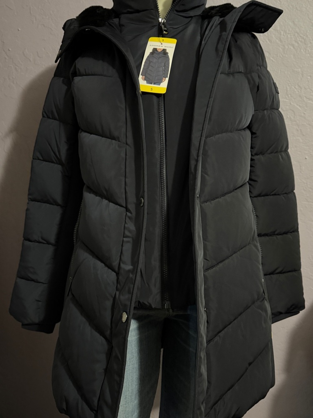 Andrew Marc Black Quilted Long Puffer Coat with Hood